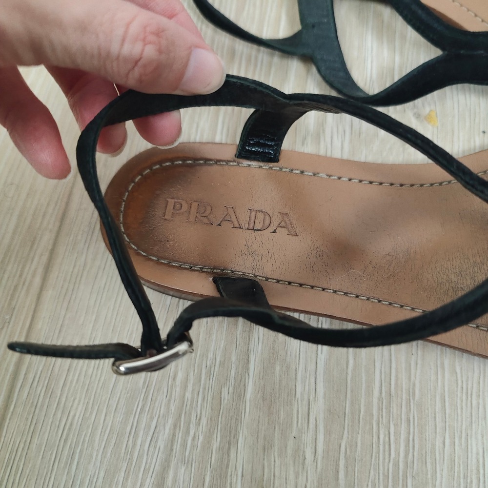 Prada Sandals Women 38 8 Black Suede T-Strap Thong Ankle Strap Flat Luxury - Picture 5 of 10